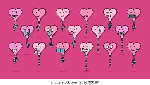 cartoon line style illustration of emoticon in the form of a heart balloon with a silly facial expression. Clip art can be used for t shirt, clothing, print, banner, mobile apps, sticker, card