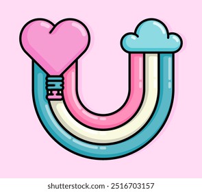 cartoon line style illustration of flying balloon decorated with a rainbow coming out of clouds symbolizes diverse love. Clip art can be used for t shirt, clothing, print, banner, invitation,  card