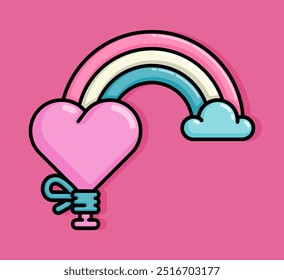 cartoon line style illustration of flying balloons decorated with rainbows coming out of the clouds symbolize a beautiful relationship. Clip art can be used for t shirt, clothing, print, banner, card