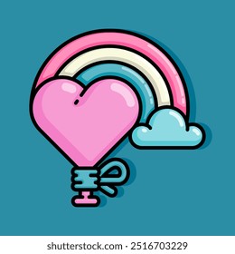 cartoon line style illustration of flying balloons decorated with rainbows coming out of the clouds symbolize a colorful relationship. Clip art can be used for t shirt, clothing, print, banner, card