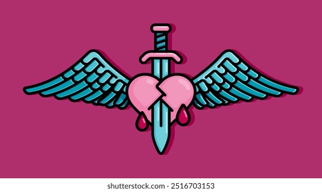 cartoon line style illustration of heart pierced with a sword and has wings symbolizes love that does not give up easily. Clip art can be used for t shirt, clothing, print, banner, invitation, sticker