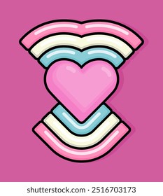 cartoon line style illustration of heart with rainbow symbolizes childishness. Clip art can be used for t shirt, clothing, print, banner, invitation, party card, sticker, pillow