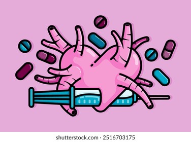 cartoon line style illustration of heart pierced with a syringe metaphor for medicine from heartache and love. Clip art can be used for t shirt, clothing, print, banner, invitation, card, sticker