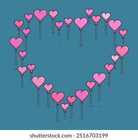 cartoon line style illustration of heart shaped balloons and forming a heart shaped formation. Clip art can be used for t shirt, clothing, print, banner, invitation, party card, sticker, pillow