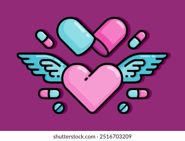 cartoon line style illustration of heart that blooms and flies with wings is a healing pills. Clip art can be used for t shirt, clothing, print, banner, invitation, party card, sticker, pillow