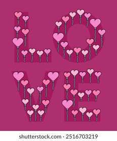 cartoon line style illustration of Heart shaped balloons flying neatly in a row forming the word LOVE. Clip art can be used for t shirt, clothing, print, banner, invitation, party card, sticker