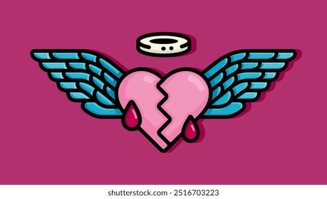 cartoon line style illustration of heart of the winged angel is cracked and bleeding. Clip art can be used for t shirt, clothing, print, banner, invitation, party card, sticker, pillow