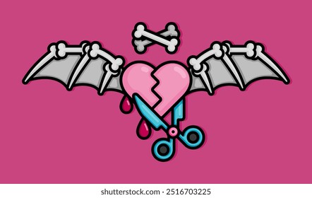 cartoon line style illustration of heart that is cut with scissors and flies with bat wings symbolizes love that ends badly or toxic. Clip art can be used for t shirt, clothing, print, banner, card