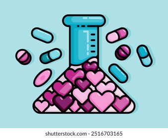 cartoon line style illustration of laboratory flask containing a love potion or drug symbolizes intoxication with a relationship. Clip art can be used for t shirt, clothing, print, banner, sticker