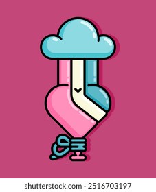 cartoon line style illustration of rainbow in clouds raining and smearing the heart symbolizing the colors of love. Clip art can be used for t shirt, clothing, print, banner, invitation, sticker