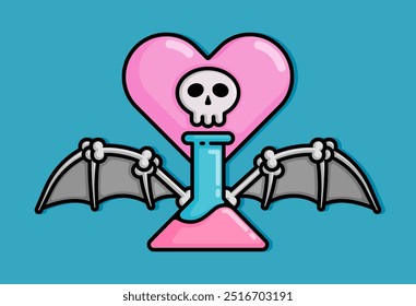 cartoon line style illustration of skull flask and heart metaphor of poison or cure for love. Clip art can be used for t shirt, clothing, print, banner, invitation, party card, sticker, pillow