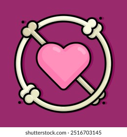 cartoon line style illustration of symbol of love crossed with bones is a warning symbol of dangerous and toxic love. Clip art can be used for t shirt, clothing, print, banner, invitation, sticker