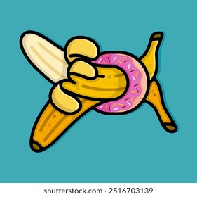 cartoon line style illustration of two bananas one peeled and one not stuck in the pink glaze donut hole. Clip art can be used for t shirt, clothing, print, banner, invitation, party card, sticker