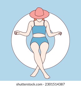 cartoon line Woman in swimsuit lying on a swimming ring tourist rest relax hand drawn illustration vector