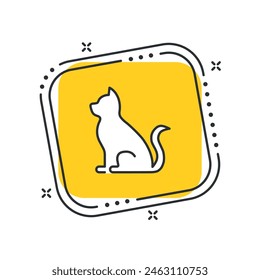 Cartoon linear cat vector illustration. Kitty on isolated yellow square background. Pet sign concept.