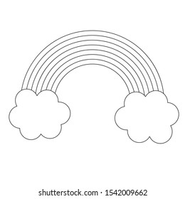 Cartoon linear doodle rainbow and clouds isolated on white background. Vector illustration.   