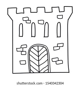 Cartoon linear doodle retro ancient castle isolated on white background. Vector illustration.    