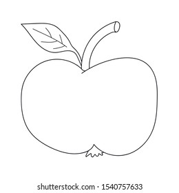 Cartoon linear doodle retro apple with leaf isolated on white background. Vector illustration.     