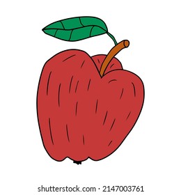 Cartoon linear doodle retro apple with leaf isolated on white background.     