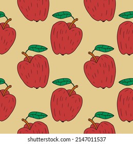 Cartoon linear doodle retro apple with leaf seamless pattern. Fruit background.     