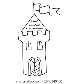 Cartoon linear doodle retro castle 
 with flag isolated on white background. Vector illustration.    