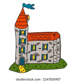 Caricatura: castillo retro de doodle lineal 
 con una bandera aislada en el fondo blanco.  