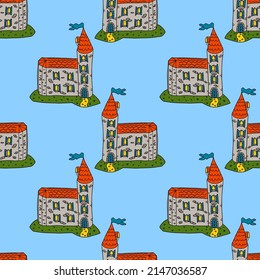 Cartoon linear doodle retro castle with flag seamless pattern. Medieval landmark background.  