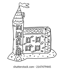 Cartoon linear doodle retro castle 
 with flag isolated on white background.  
