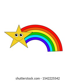 Cartoon linear doodle retro happy star character with rainbow isolated on white background. Vector illustration. 