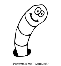 Caricatura: gusano retro retro feliz que sale de un agujero aislado sobre fondo blanco. Ilustración vectorial.  