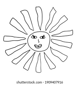 Cartoon linear doodle retro happy sun isolated on white background. Vector illustration.      