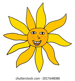 Dibujo de doodle lineal retro sol feliz aislado en fondo blanco. 