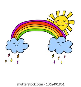 Caricatura: garabato lineal retro arco iris, nubes solares y lluviosas aisladas sobre fondo blanco. Ilustración vectorial.      
