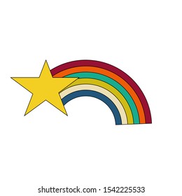 Cartoon linear doodle retro star with rainbow tail isolated on white background. Vector illustration.   