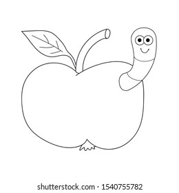 Cartoon linear doodle retro worm apple isolated on white background. Vector illustration.     