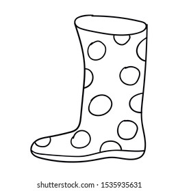 Cartoon linear doodle rubber boot with polka dot isolated on white background. Vector illustration.  