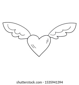 Cartoon linear doodle winged heart isolated on white background. Valentines day icon. Vector illustration. 