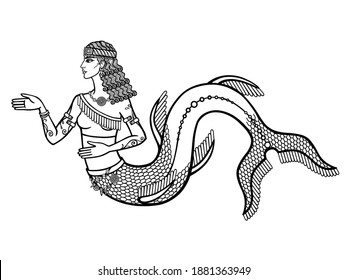 Cartoon linear drawing: beautiful woman, ancient mystical mermaid. Ishtar, Astarta, Inanna. Profile view. Vector illustration isolated on a white background. 