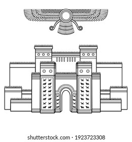 Cartoon linear drawing: Ishtar Gate. Ancient sacred temple. Symbols of Babylon, Assyria, Mesopotamia. Vector illustration Isolated on white background.