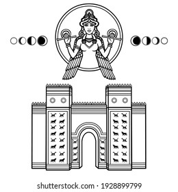 Linearzeichnung Cartoon: Ishtar Gate. Alter heiliger Tempel. Porträt der Göttin, Phase des Mondes. Symbole von Babylon, Assyrien, Mesopotamien. Vektorgrafik einzeln auf weißem Hintergrund.