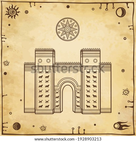 Cartoon linear drawing: Ishtar Gate. Ancient sacred temple. Symbols of Babylon, Assyria, Mesopotamia. Sacred star Sirius. Vector illustration. Background - imitation of old paper, space symbols.
