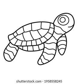 Cartoon linear hand-drawn turtle coloring page stock vector illustration. Doodle little sea turtle black outline isolated on white. Cute marine reptile animal vector illustration