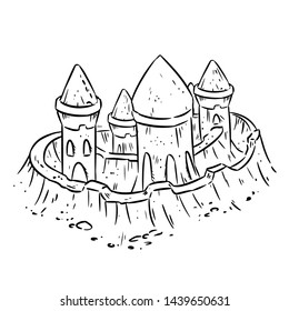 Cartoon lineart hand drawn sand castle, fort or fortress with towers. Cute sketch