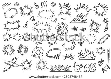 Cartoon lines effects and sparks. Vector comic doodle hand drawn splashes burst and explosion elements. Boom and bang motion sketch