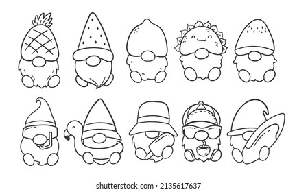 cartoon lines Summer gnomes in fruit costumes coloring book for kids