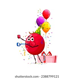 Cartoon lingonberry character, birthday holiday. Kids holiday celebration berry comical personage, children birthday party lingonberry isolated vector happy mascot with gift, whistle and balloons