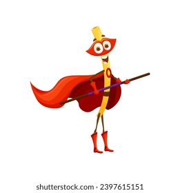 Cartoon linguine italian pasta superhero character. Dynamic super hero playful personage with noodle-like body, adorned in red costume, ready to save the day with his powers and wooden battle stick