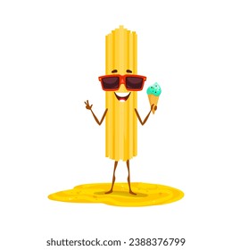 Cartoon linguine pasta character with ice cream cone and sunglasses. Italian macaroni food vector personage on summer beach vacation. Happy smiling linguine pasta character making victory gesture