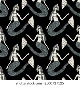 Cartoon linocut vintage ethnic mermaid princess, boho character mascot groovy whimsical flat art, doodle girls seamless pattern clip-art