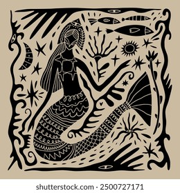 Cartoon linocut vintage ethnic mermaid princess, boho character mascot groovy whimsical flat art. Doodle stellar celestial details. Hand-drawn mystical bohemian composition. Mythology totem concept